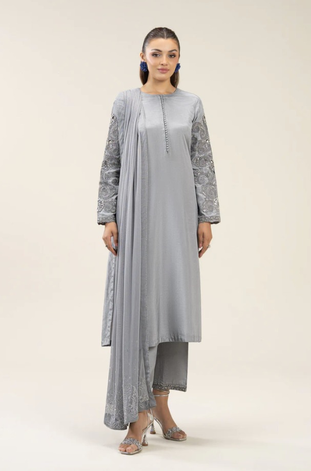 3 Pc Embroidered Bamberg Raw Silk Suit
