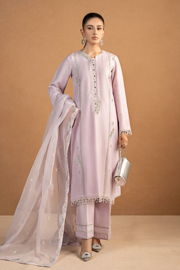 3 Piece Embroidered Raw Silk Suit